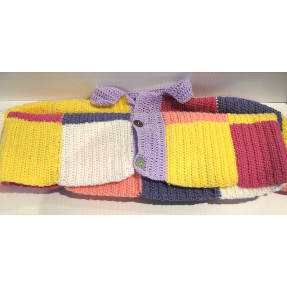 Handmade Crochet Patchwork Jacket Sweater Pink Purple Green Yellow Coral Buttons - Picture 7 of 7